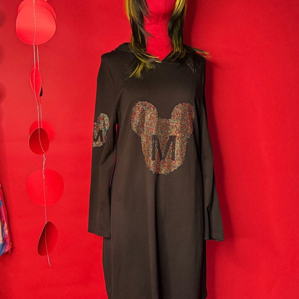 Unique Black Hoodie Dress with Rhinestone Mouse Graphic